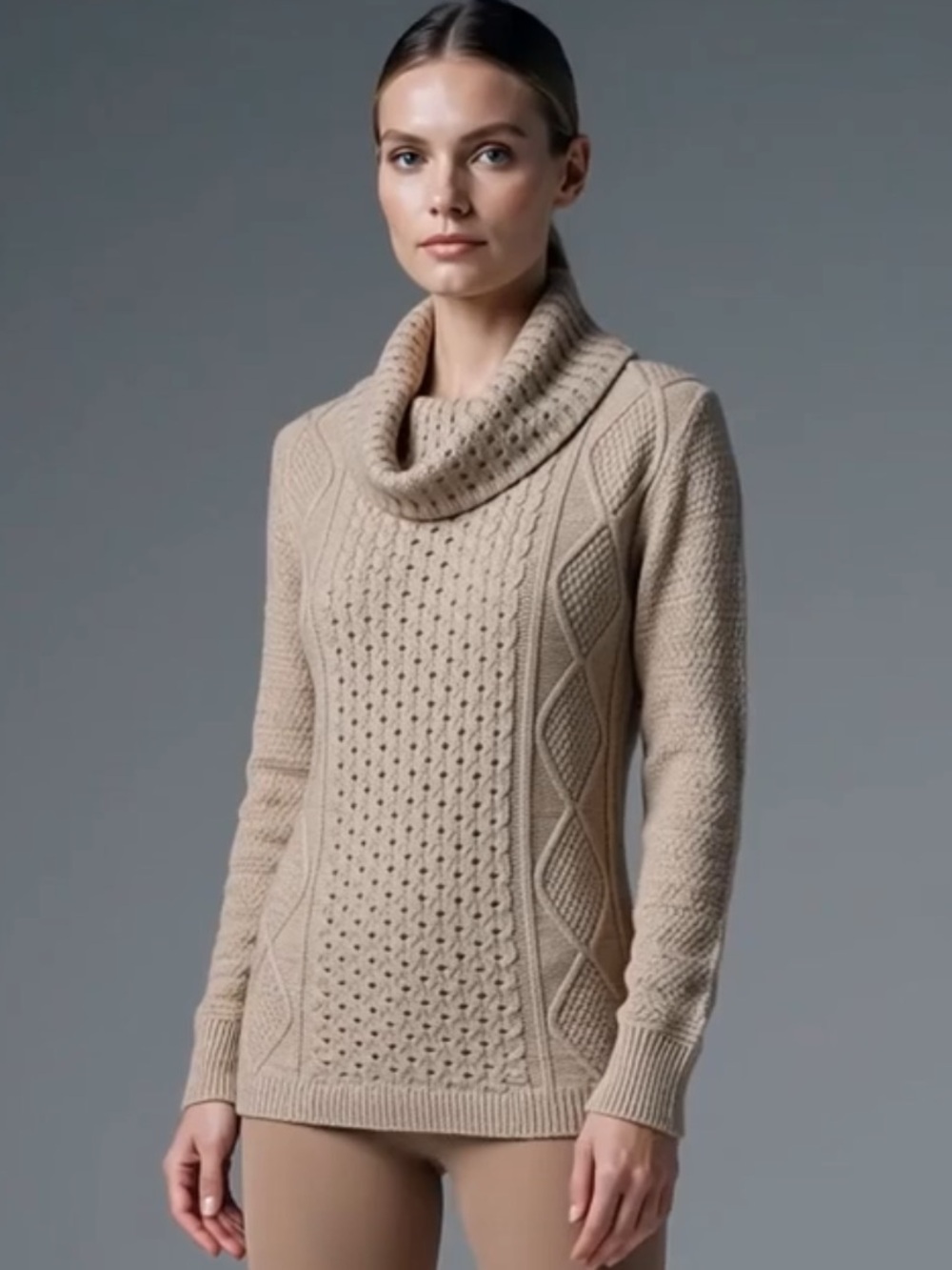 89th & Madison Marled Beige Cowl Neck Pointelle Cable Knit Pullover Sweater